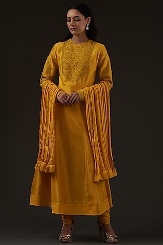 mango yellow machine embroidered kurta set
