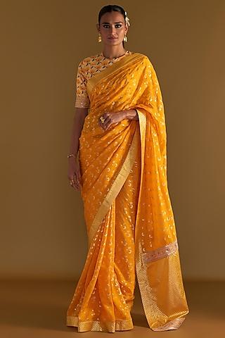 mango yellow organza embroidered & printed saree set