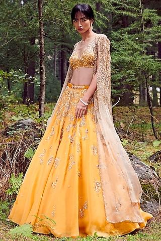 mango yellow organza lehenga set with cape jacket