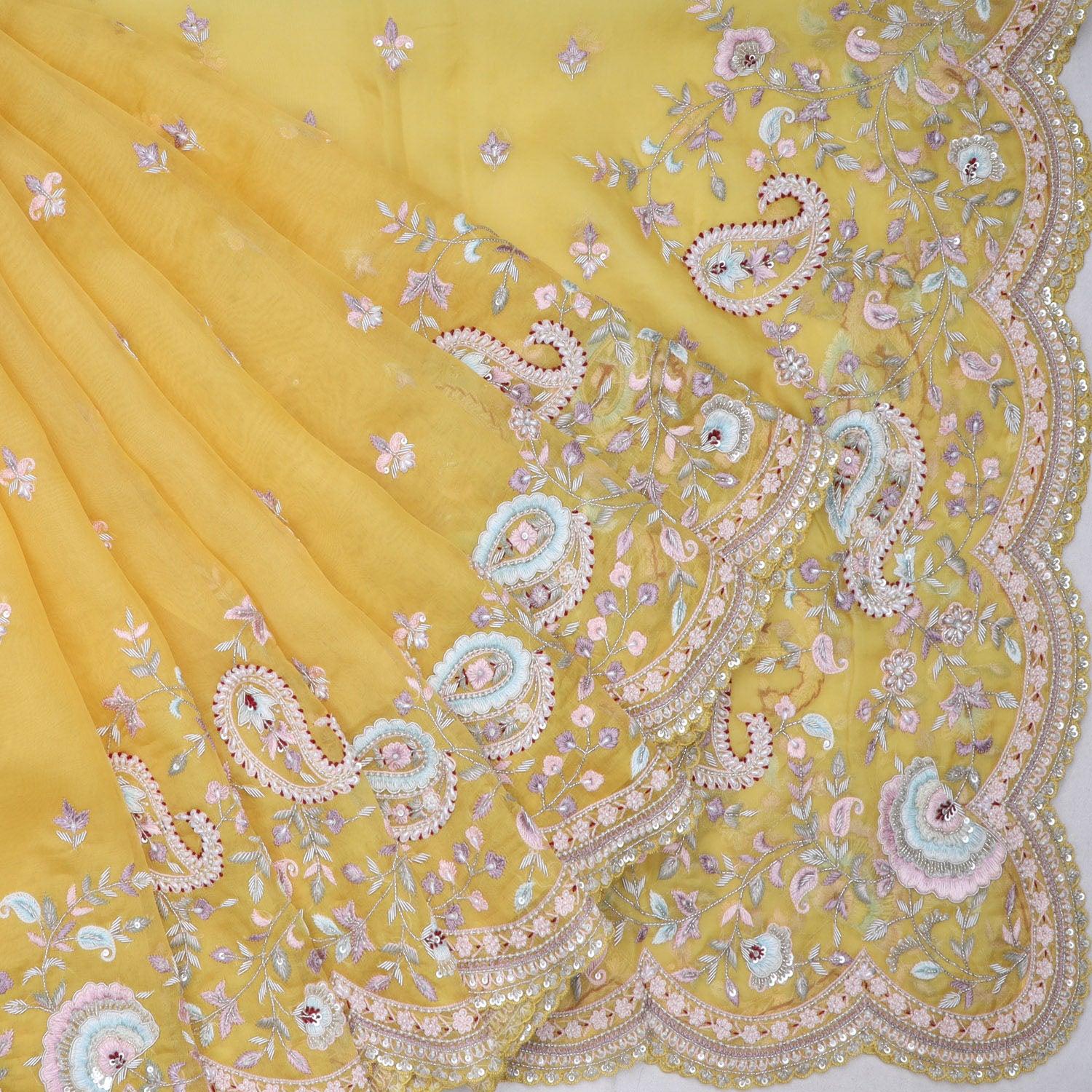 mango yellow organza saree with floral embroidery