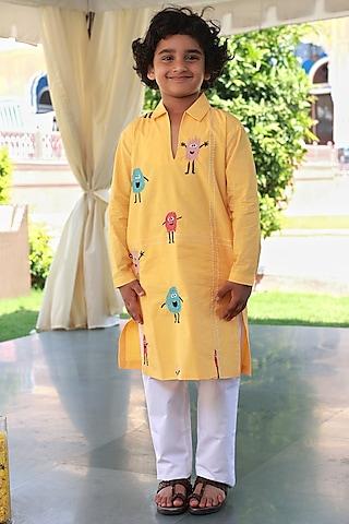 mango yellow poplin embroidered kurta set for boys