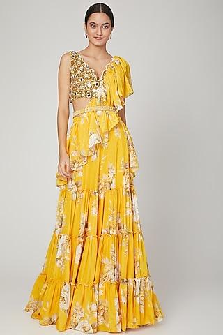 mango yellow printed lehenga saree set with belt