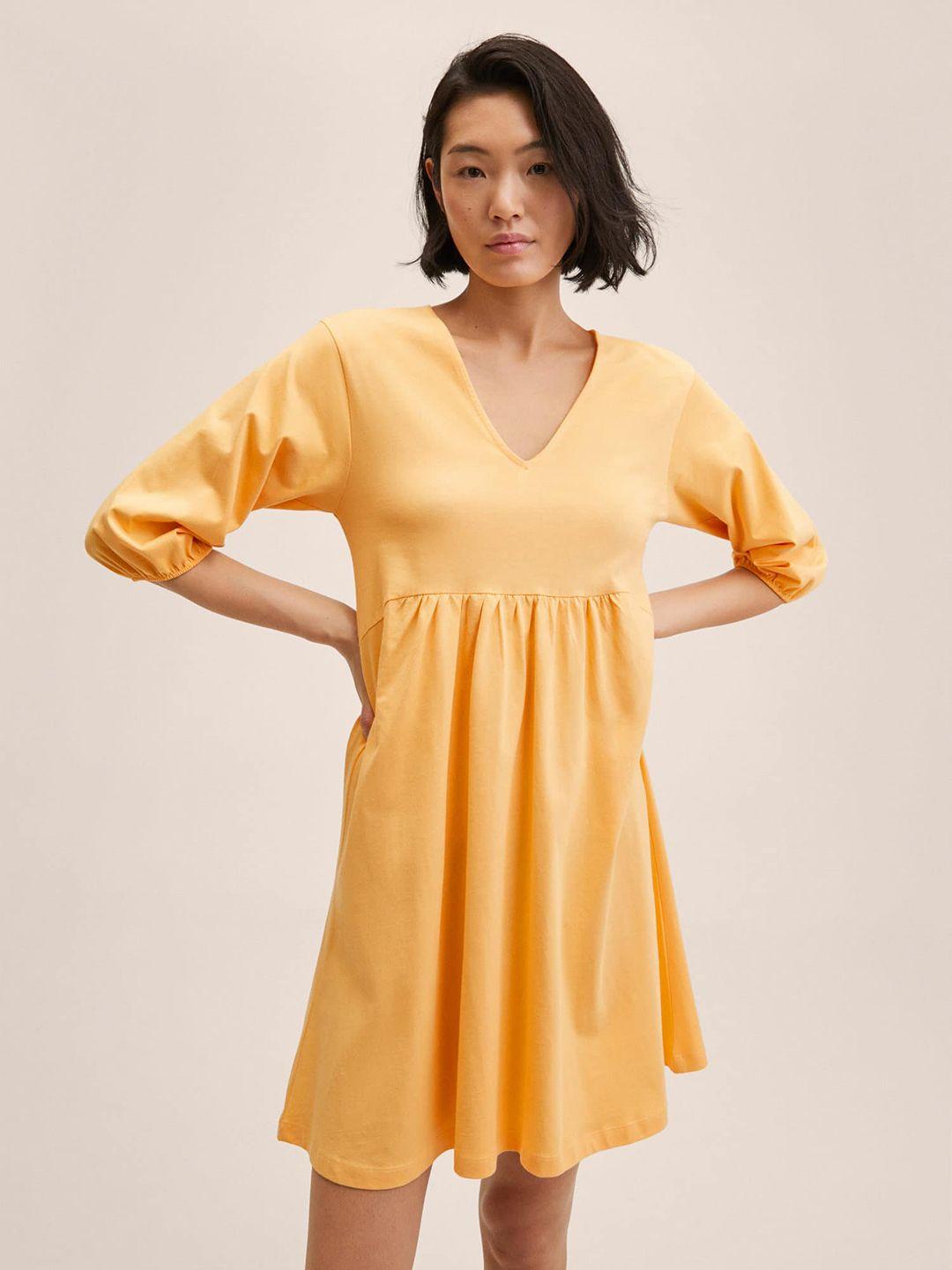 mango yellow pure cotton solid a-line dress