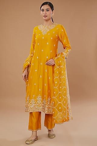 mango yellow pure spun silk embroidered kurta set