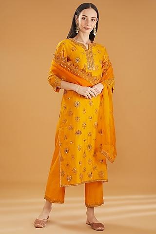 mango yellow pure spun silk resham embroidered kurta set