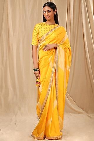 mango yellow raw silk embellished saree set