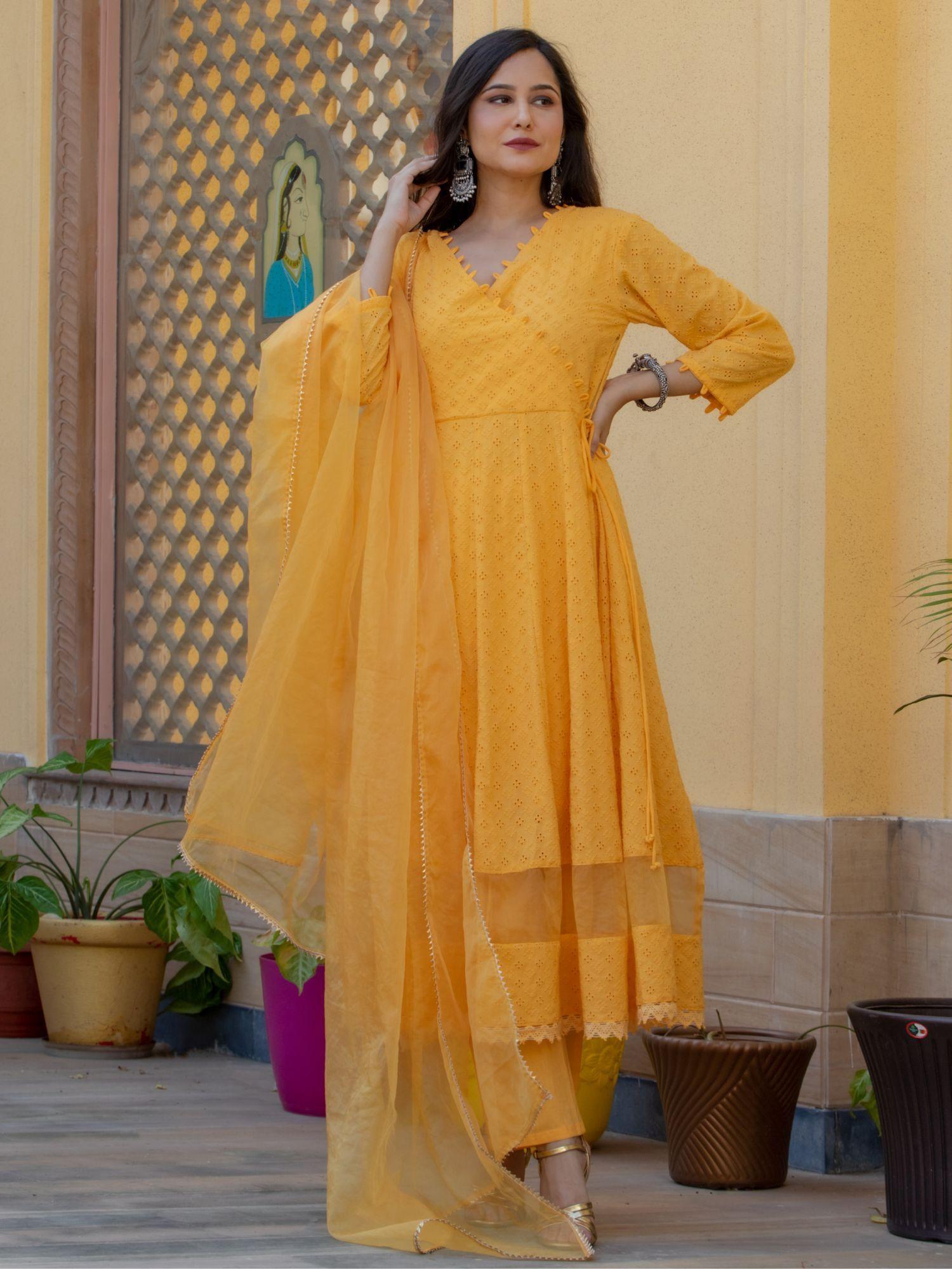 mango yellow schiffli anarkali (set of 3)