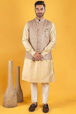 mango yellow silk kurta set with bundi jacket for boys