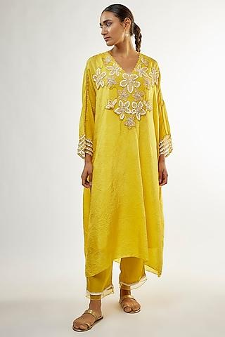 mango yellow silk sequins embroidered kurta set