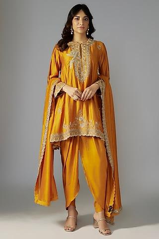 mango yellow silk zari embroidered kurta set