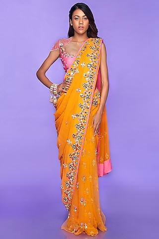 mango yellow tulle & georgette sequins embellished pre-stitched saree set