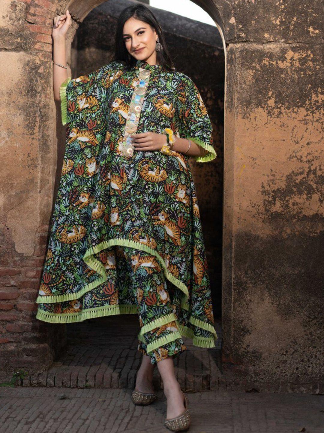 mani dua khanna floral printed band collar pure cotton kurti with trousers