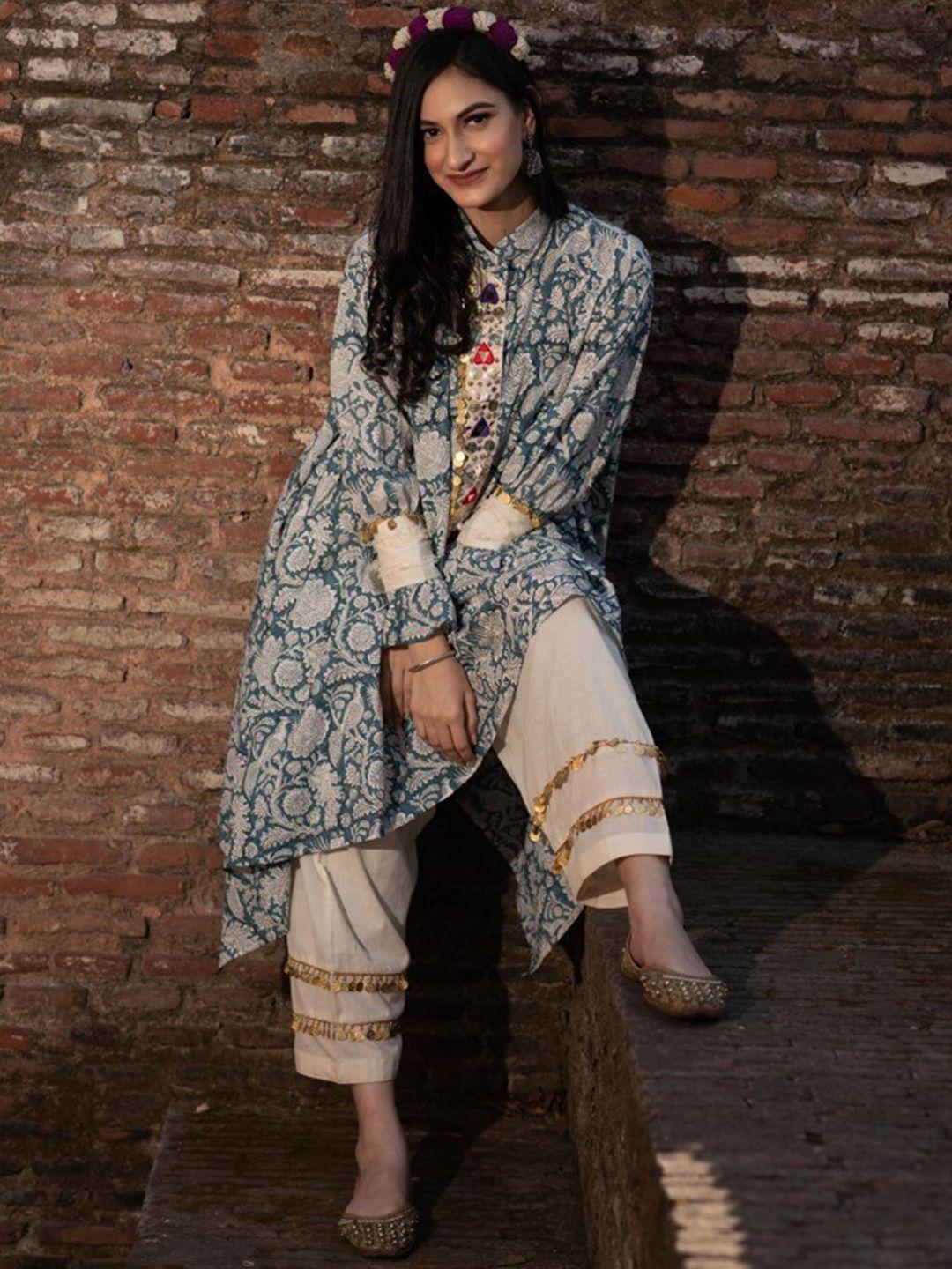 mani dua khanna floral printed beads and stones pure cotton kurta with trousers
