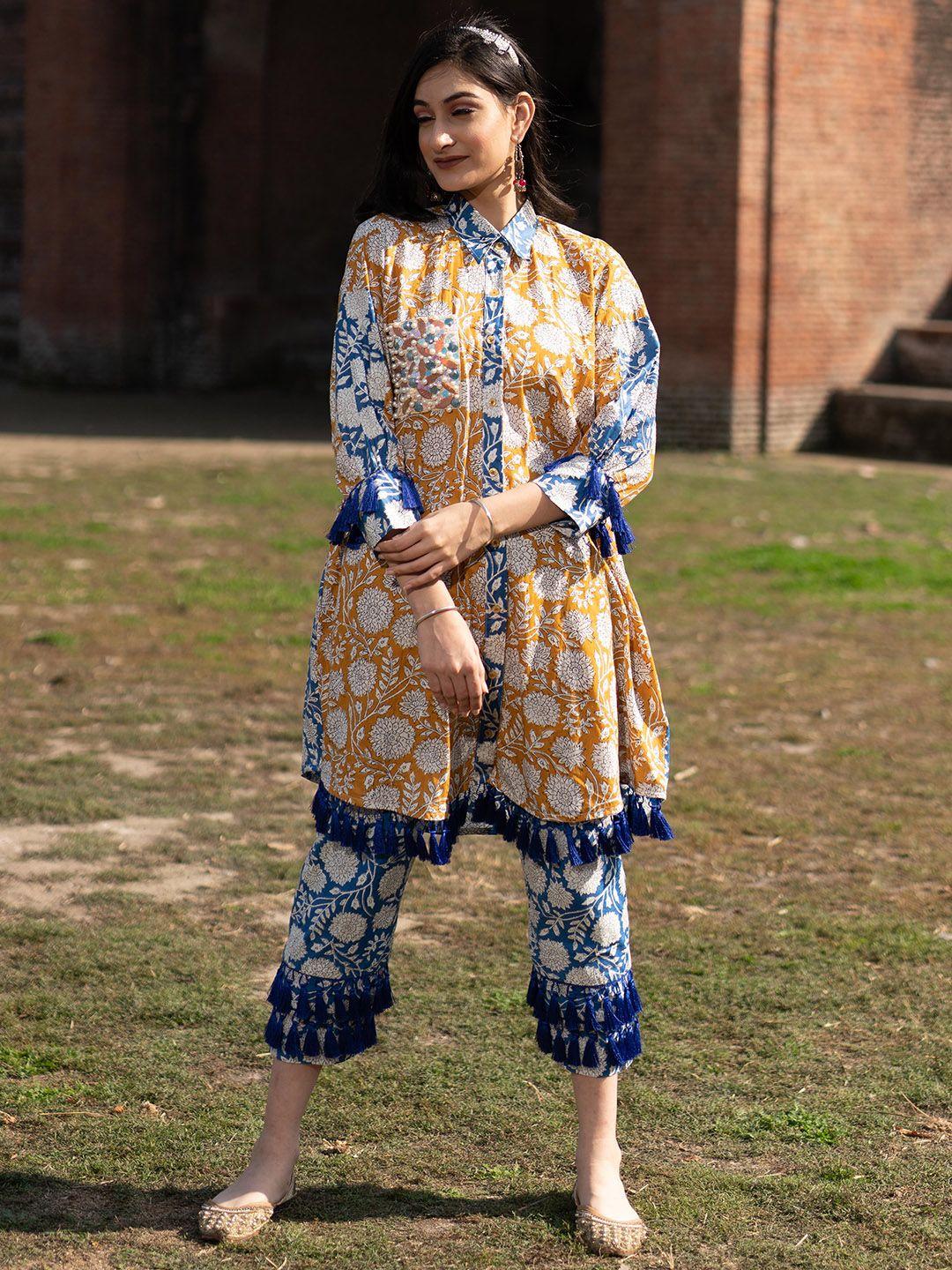 mani dua khanna women floral embroidered pure cotton kurta with trousers