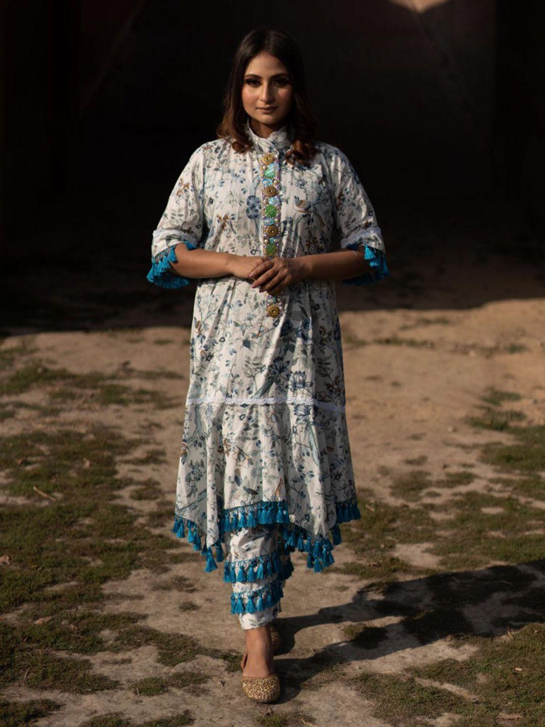 mani dua khanna women floral printed pure cotton kurta with trousers