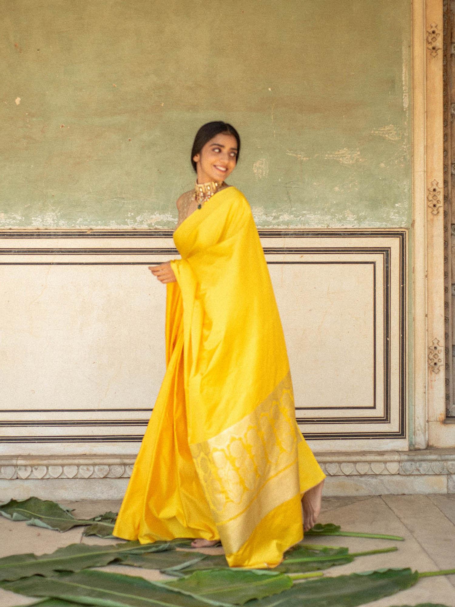 mani yellow - silk mashroo saree with unstitched blouse