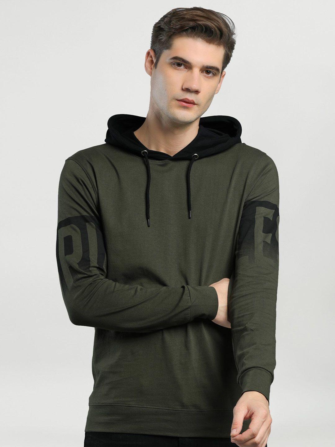 maniac men olive green  black typography printed hooded cotton pure cotton t-shirt