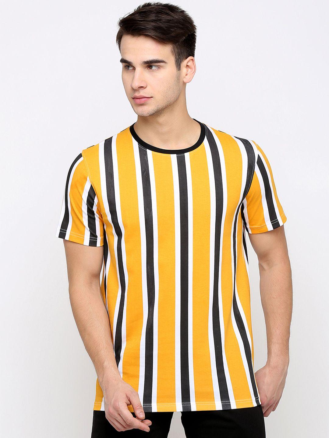 maniac men yellow  navy striped round neck pure cotton t-shirt