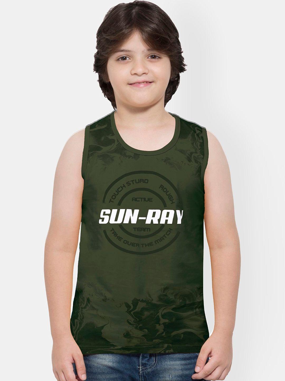 maniac boys olive green sleeveless printed round neck t-shirt