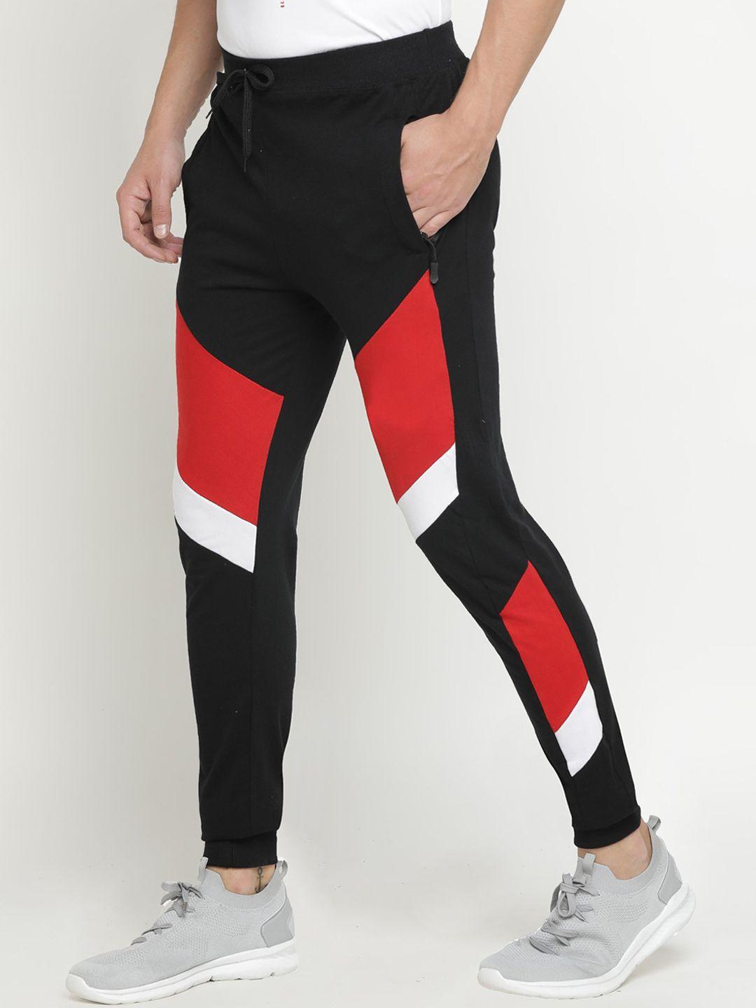 maniac men black & red colourblocked slim-fit joggers