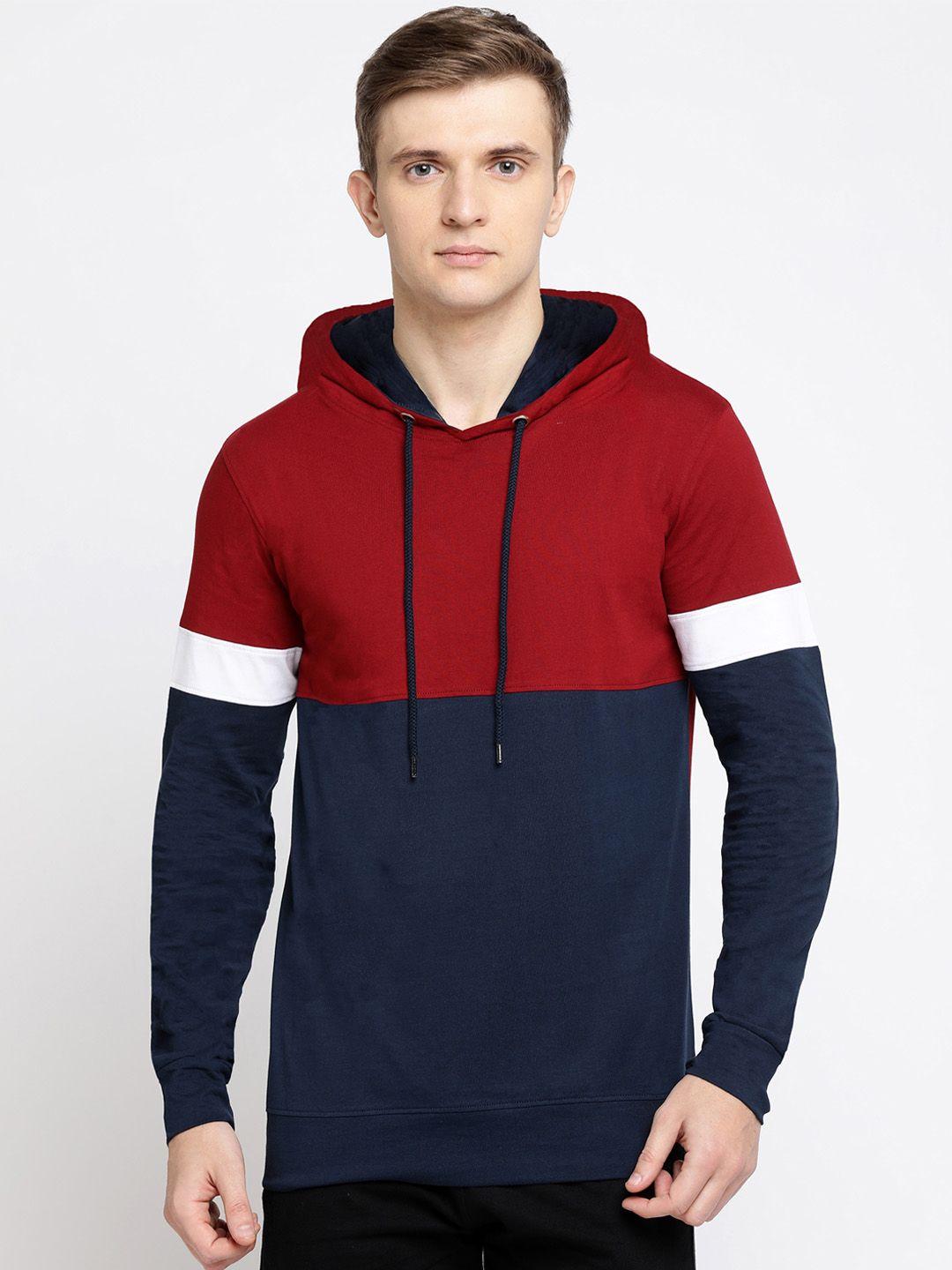 maniac men red & navy blue colourblocked hood t-shirt