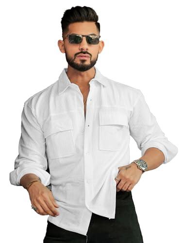 maniac mens solid 2 pockets collared neck full sleeve white oversized cotton shirt