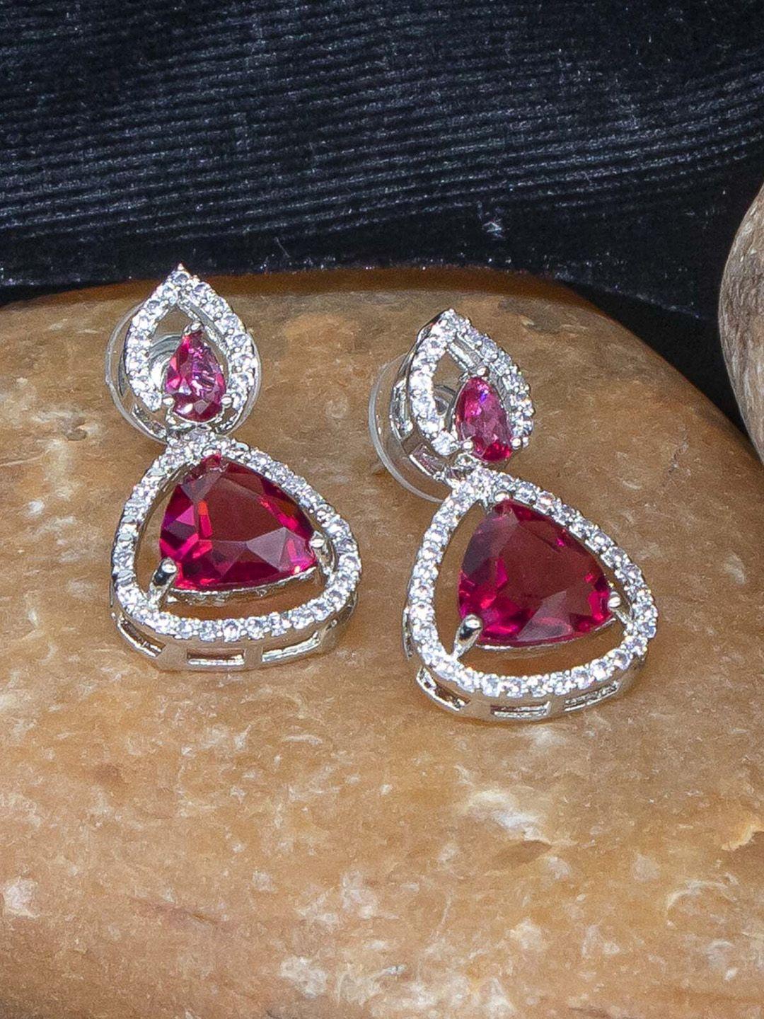 manikya rhodium plated american diamond-studded teardrop shaped drop earrings