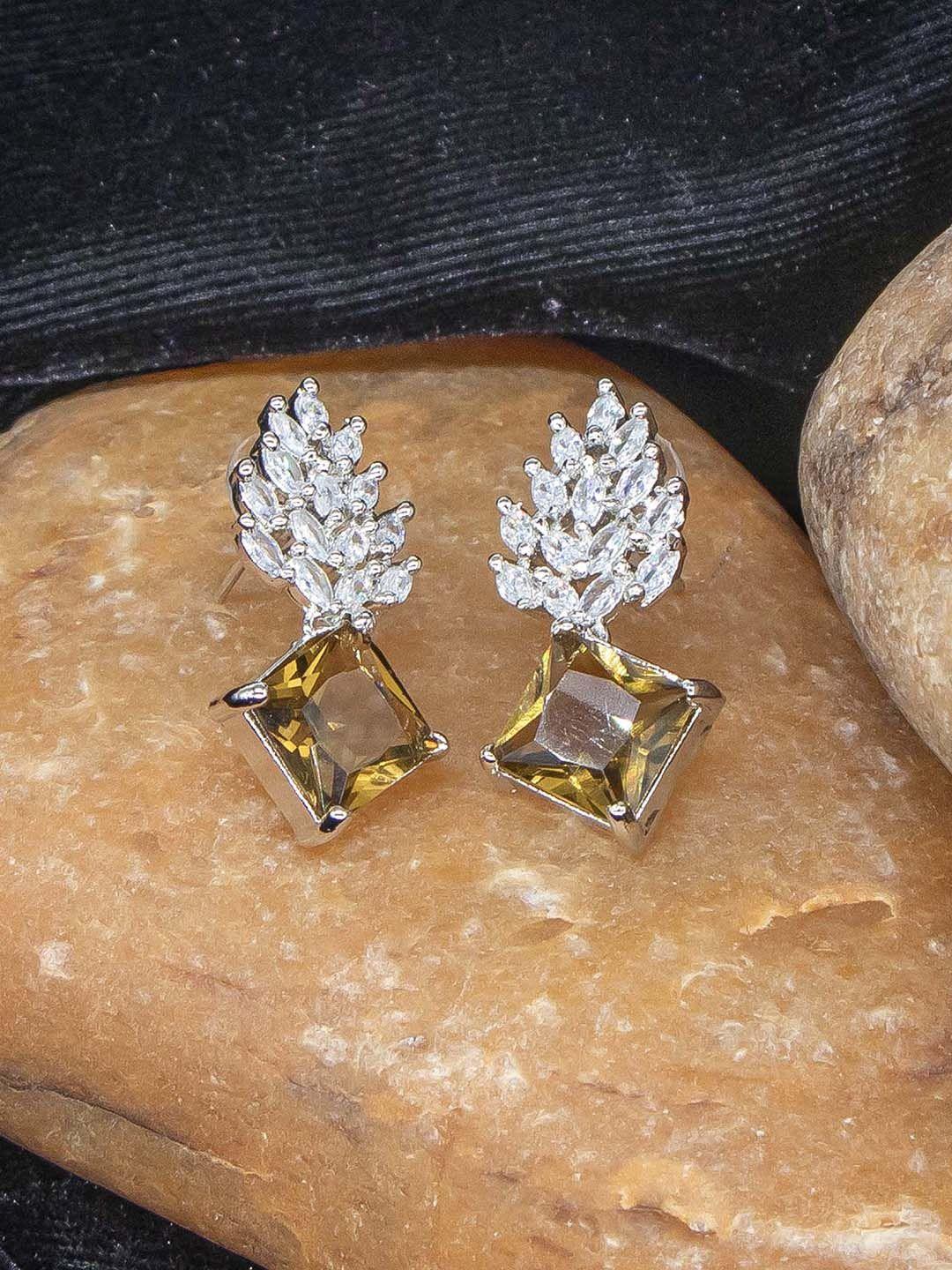 manikya rhodium-plated cubic zirconia studded diamond shaped drop earrings