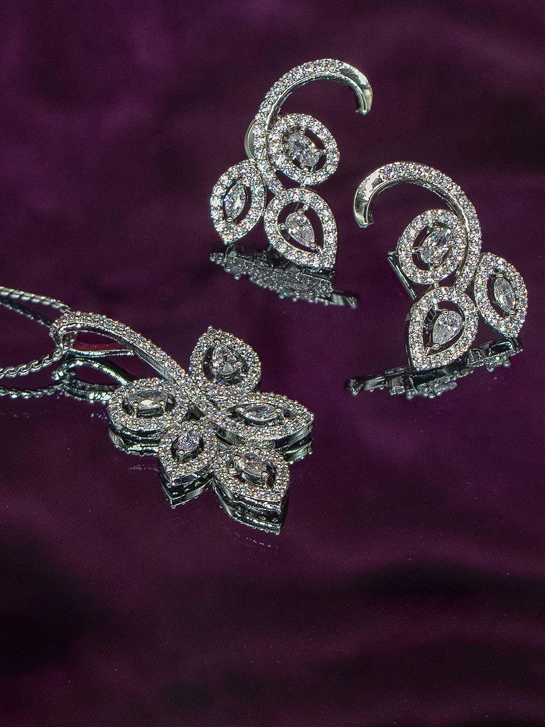 manikya rhodium-plated cz-stones studded flower shaped pendant jewellery set