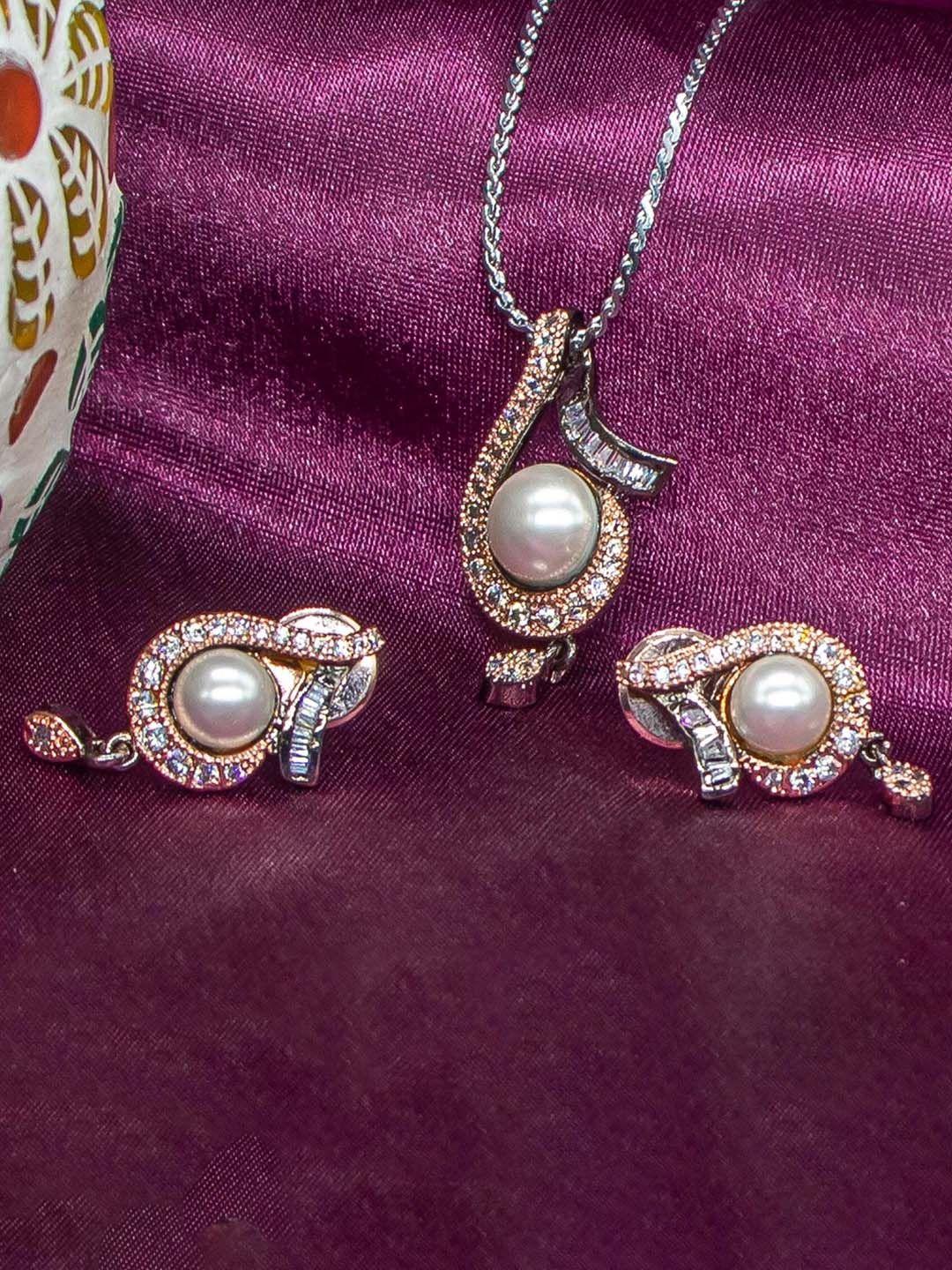 manikya rose gold-plated ad-stones studded flower shaped pendant jewellery set