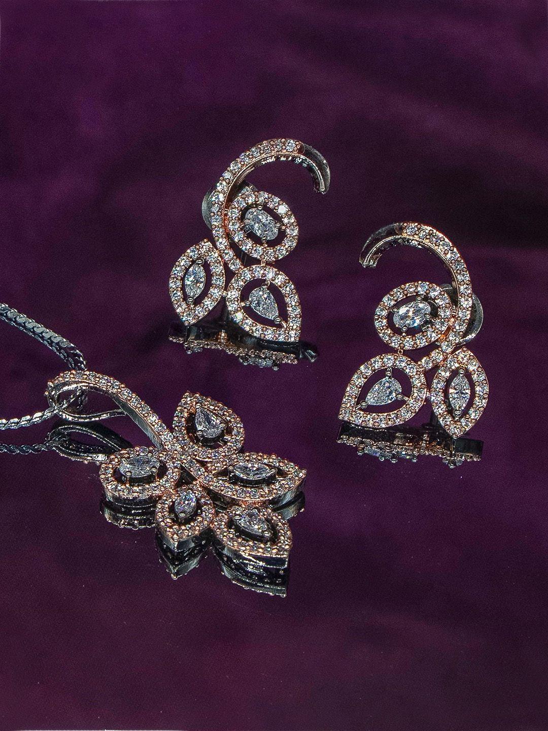 manikya rose gold-plated american diamond-studded flower shaped pendant and earrings