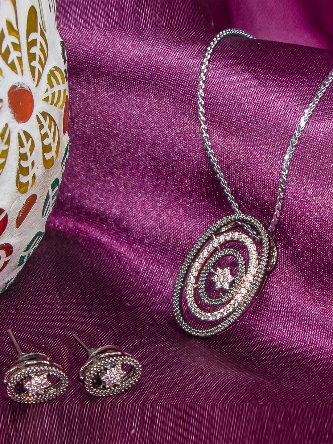 manikya rose gold-plated cubic zirconia stones studded flower shaped pendant jewellery set
