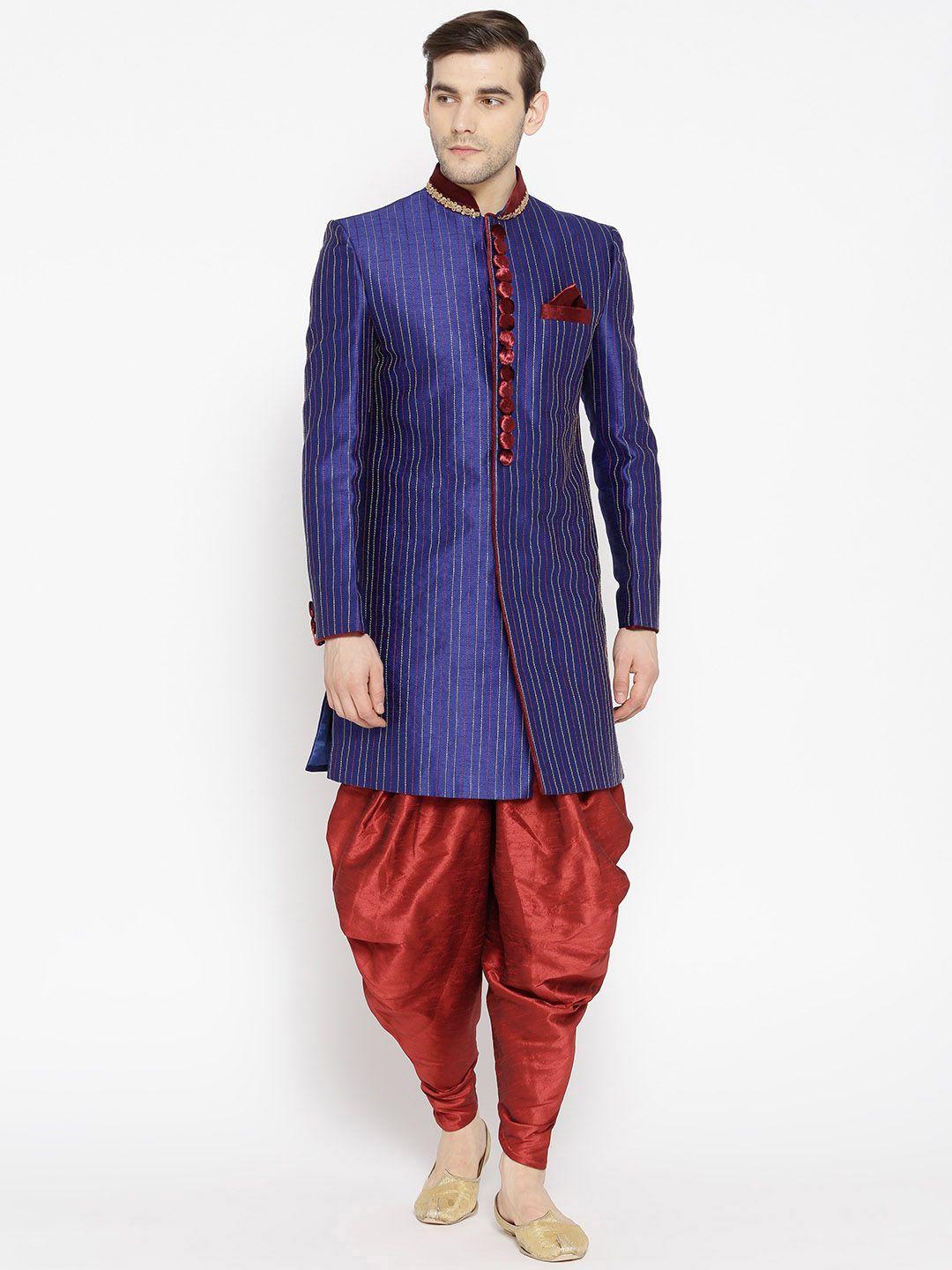 manish creations men blue & maroon striped sherwani