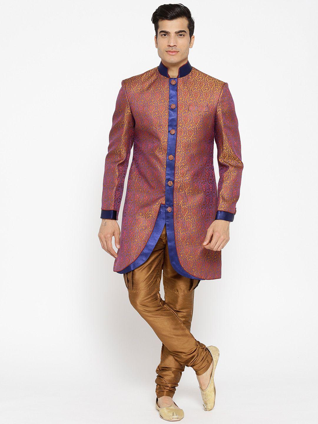 manish creations men brown & red woven design sherwani