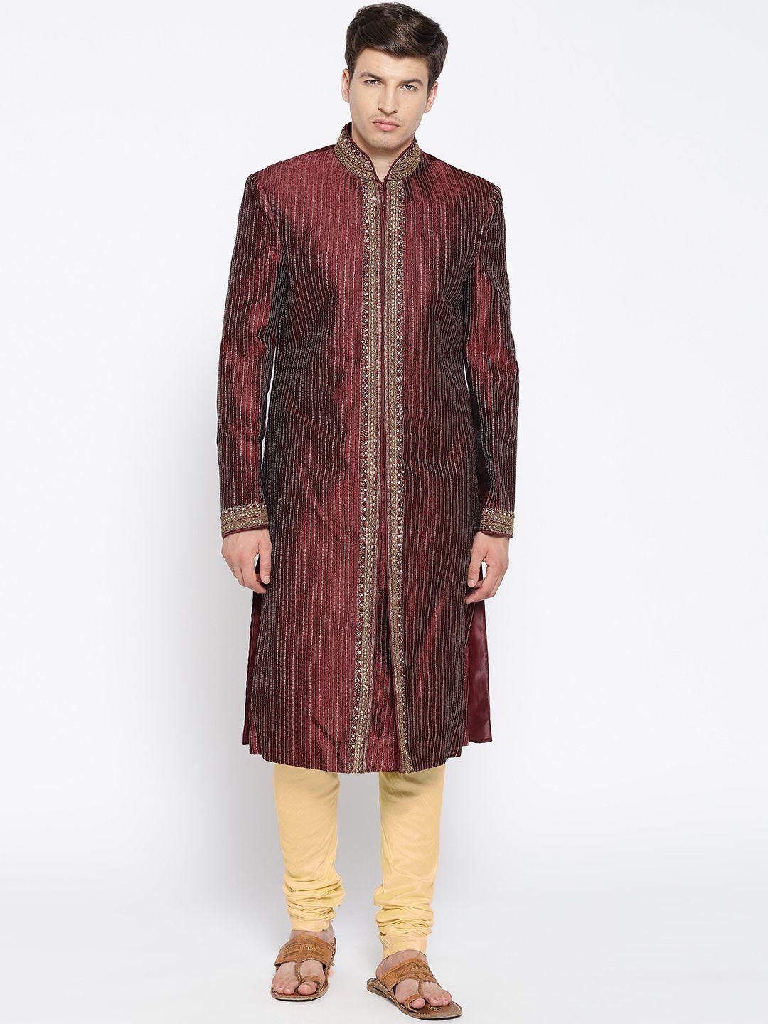 manish creations men maroon & gold self striped sherwani