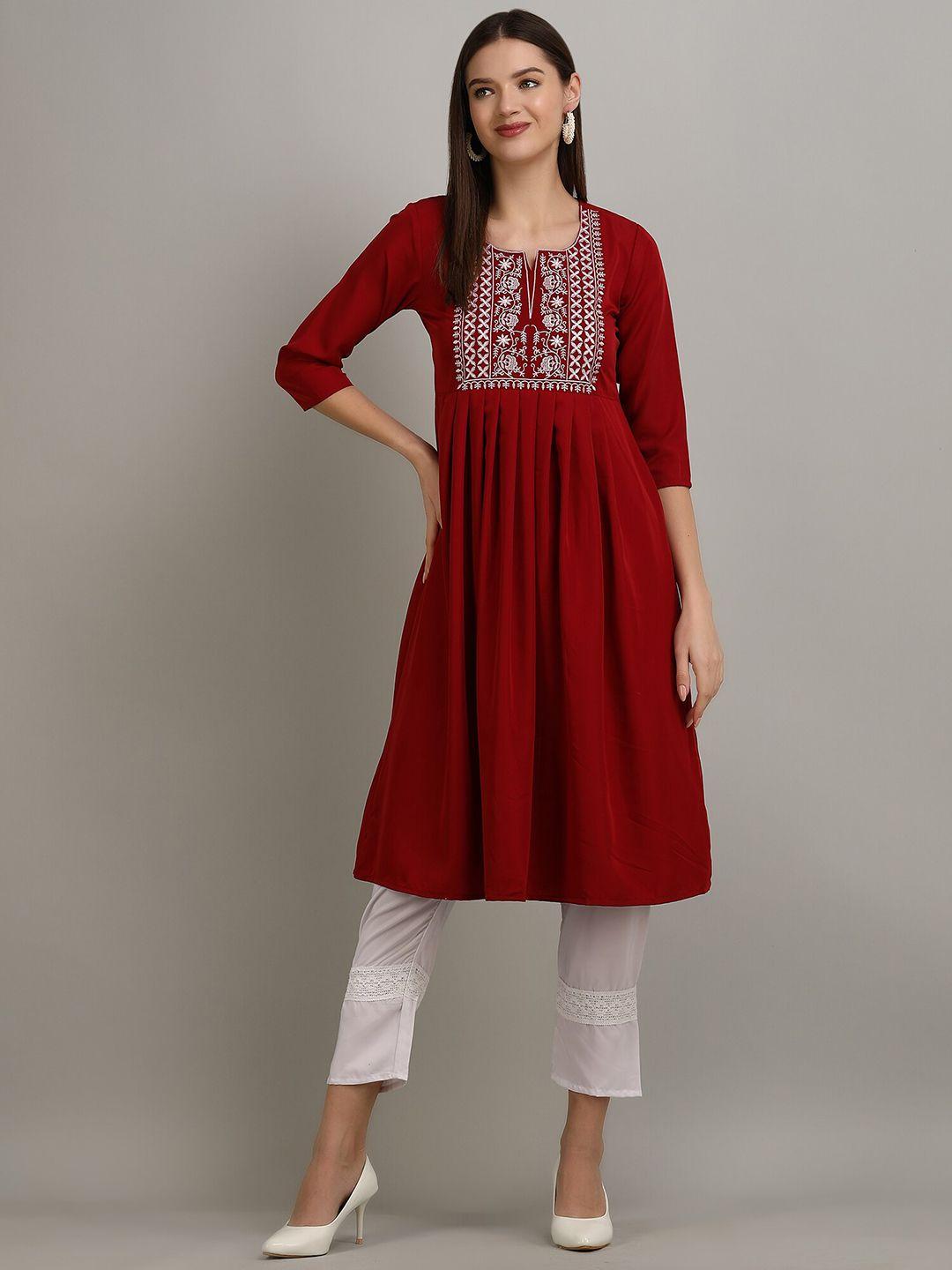 manksh floral yoke design thread work pleated a-line kurta with trouser