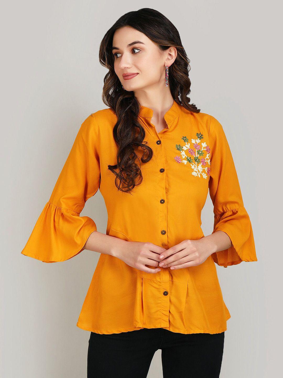 manksh mustard yellow embroidered top