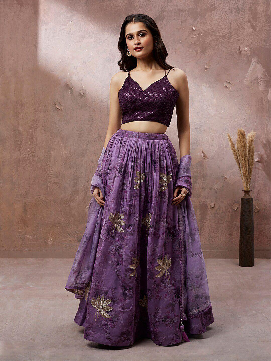 manohari lavender & embroidered semi-stitched lehenga & unstitched blouse with dupatta