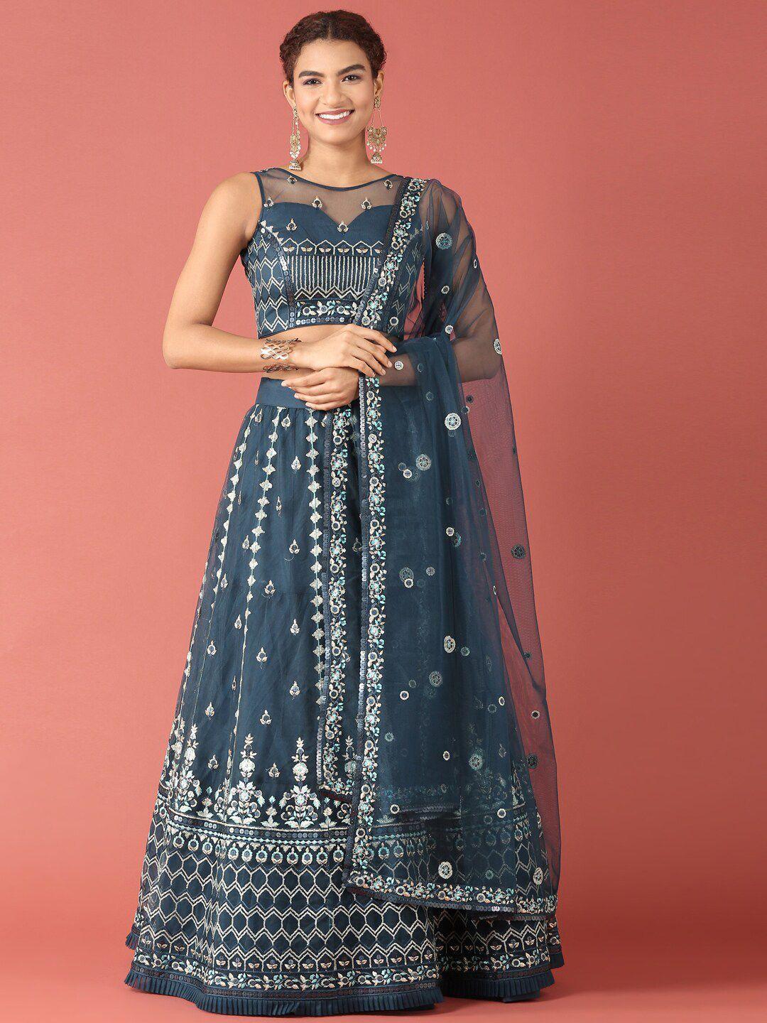 manohari navy blue & embellished sequinned semi-stitched lehenga & unstitched blouse with dupatta