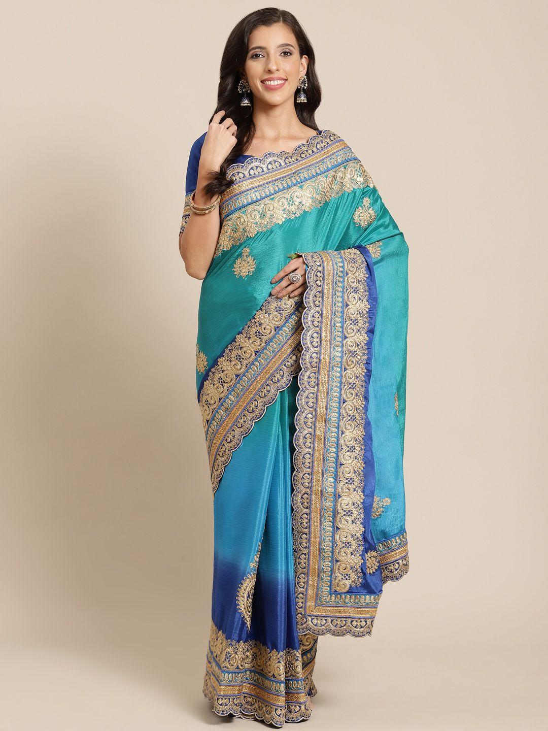 manohari blue & gold-toned ethnic motifs embroidered silk blend saree