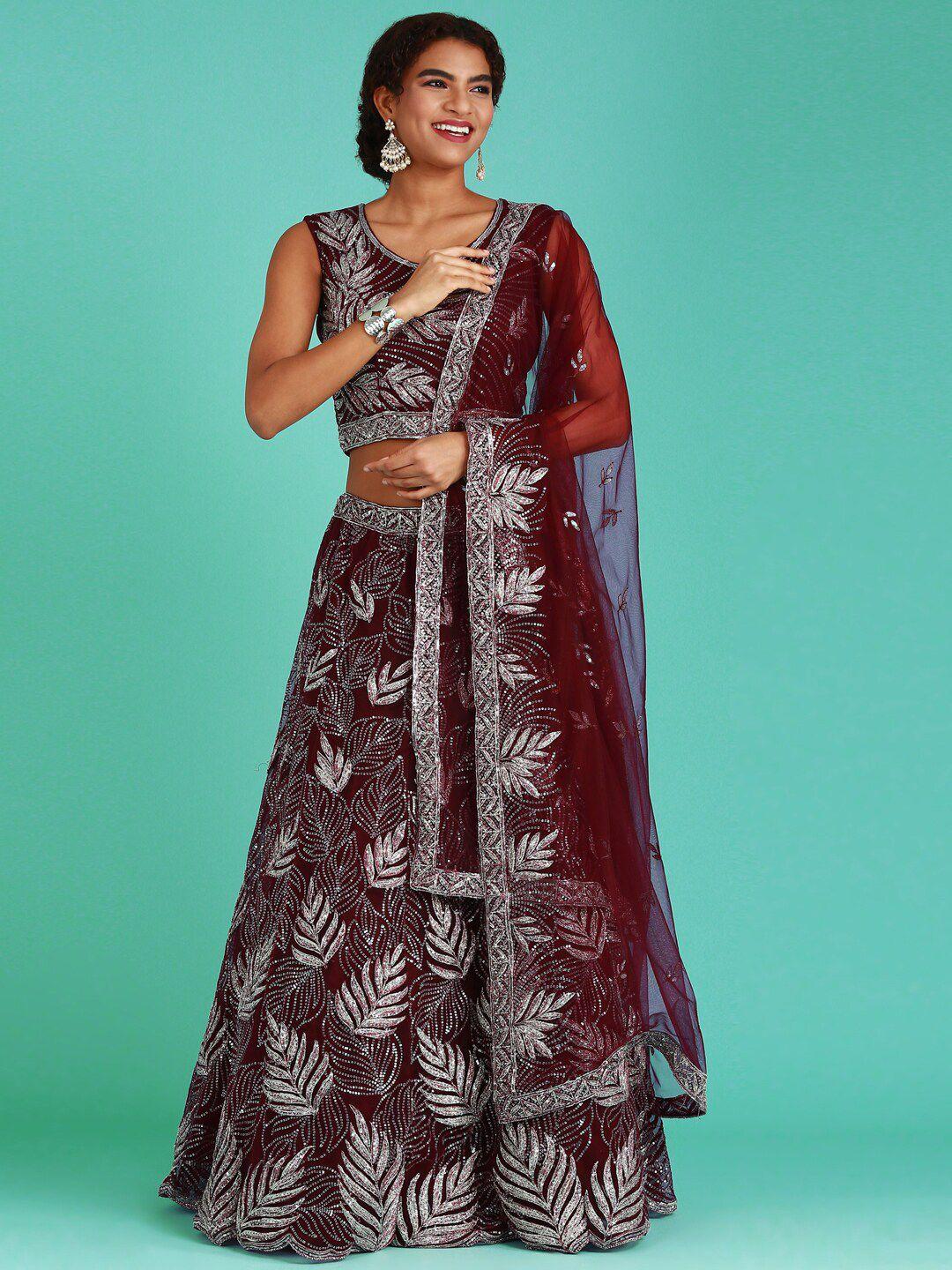 manohari burgundy & embellished sequinned semi-stitched lehenga & unstitched blouse with dupatta