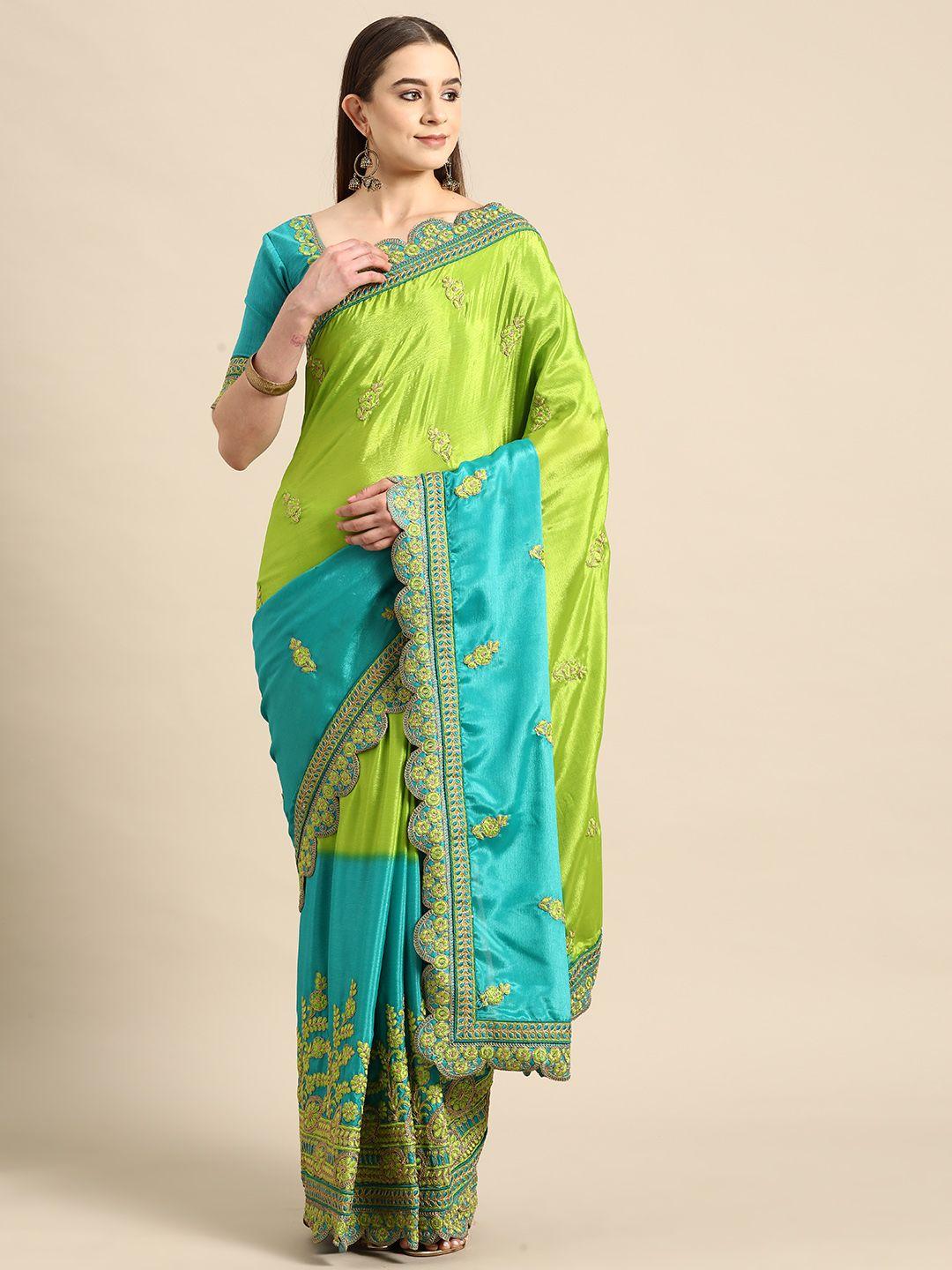 manohari green & blue ethnic motifs poly chiffon saree