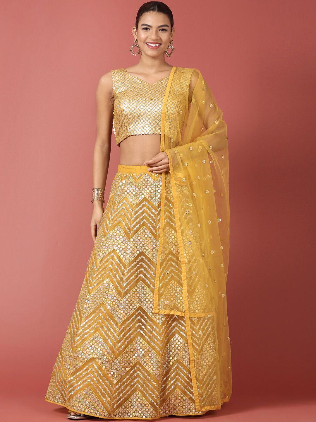 manohari mustard & embellished sequinned semi-stitched lehenga & unstitched blouse with dupatta