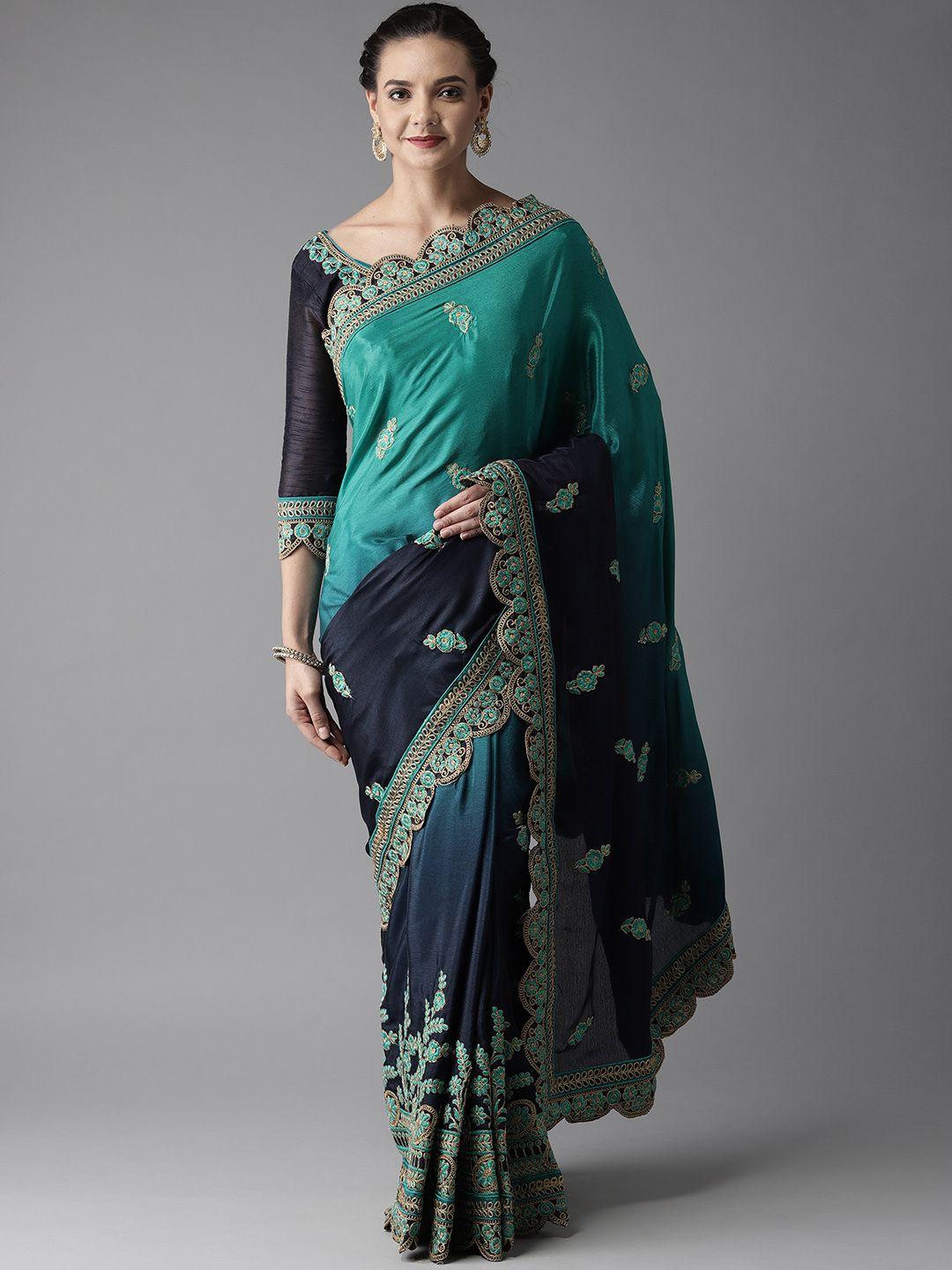 manohari navy blue & green embroidered saree