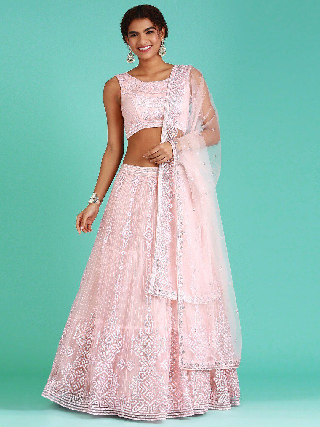 manohari peach-coloured & embellished semi-stitched lehenga & unstitched blouse with dupatta