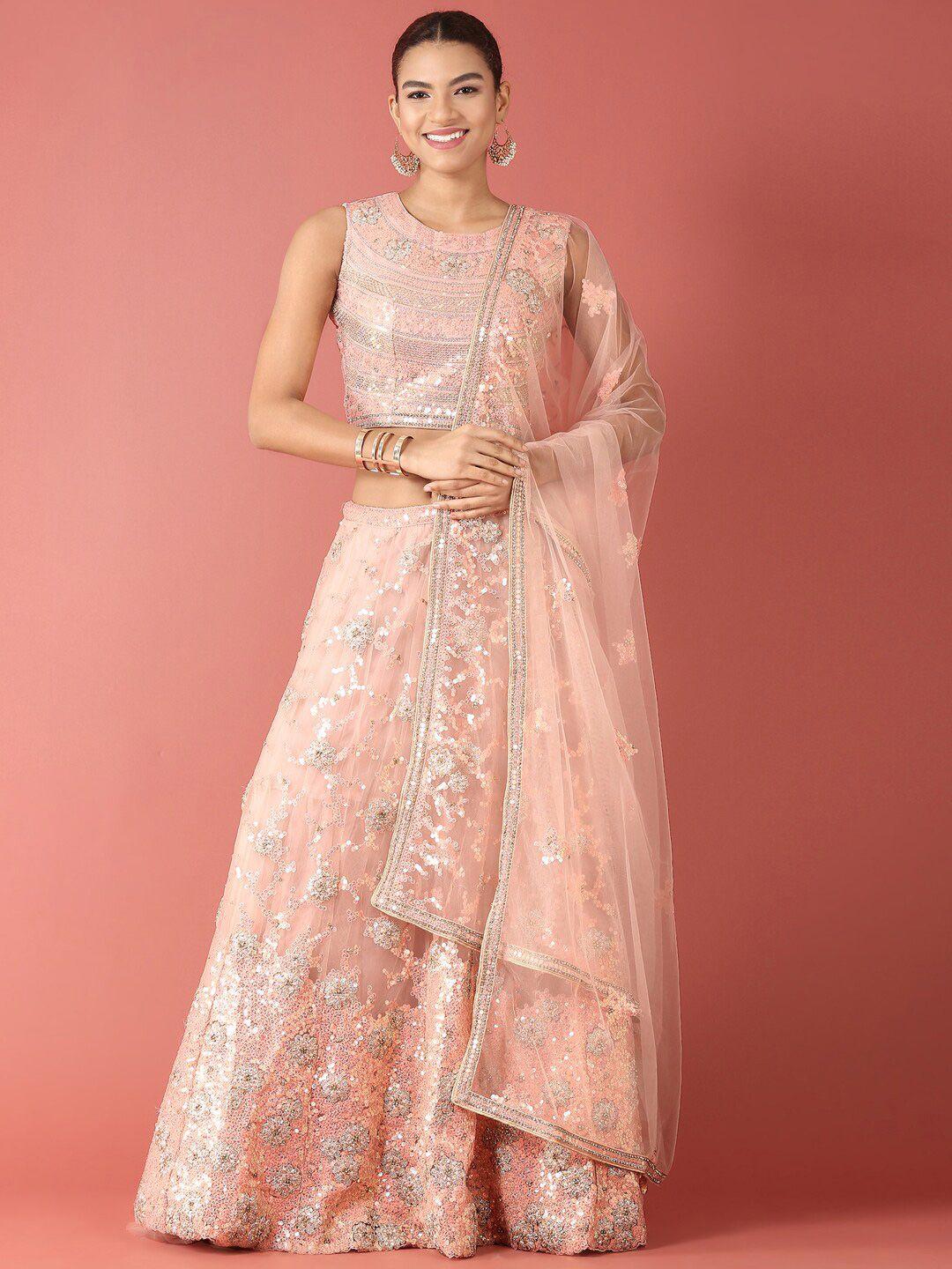 manohari peach-coloured & embellished sequinned semi-stitched lehenga & unstitched blouse with dupatta