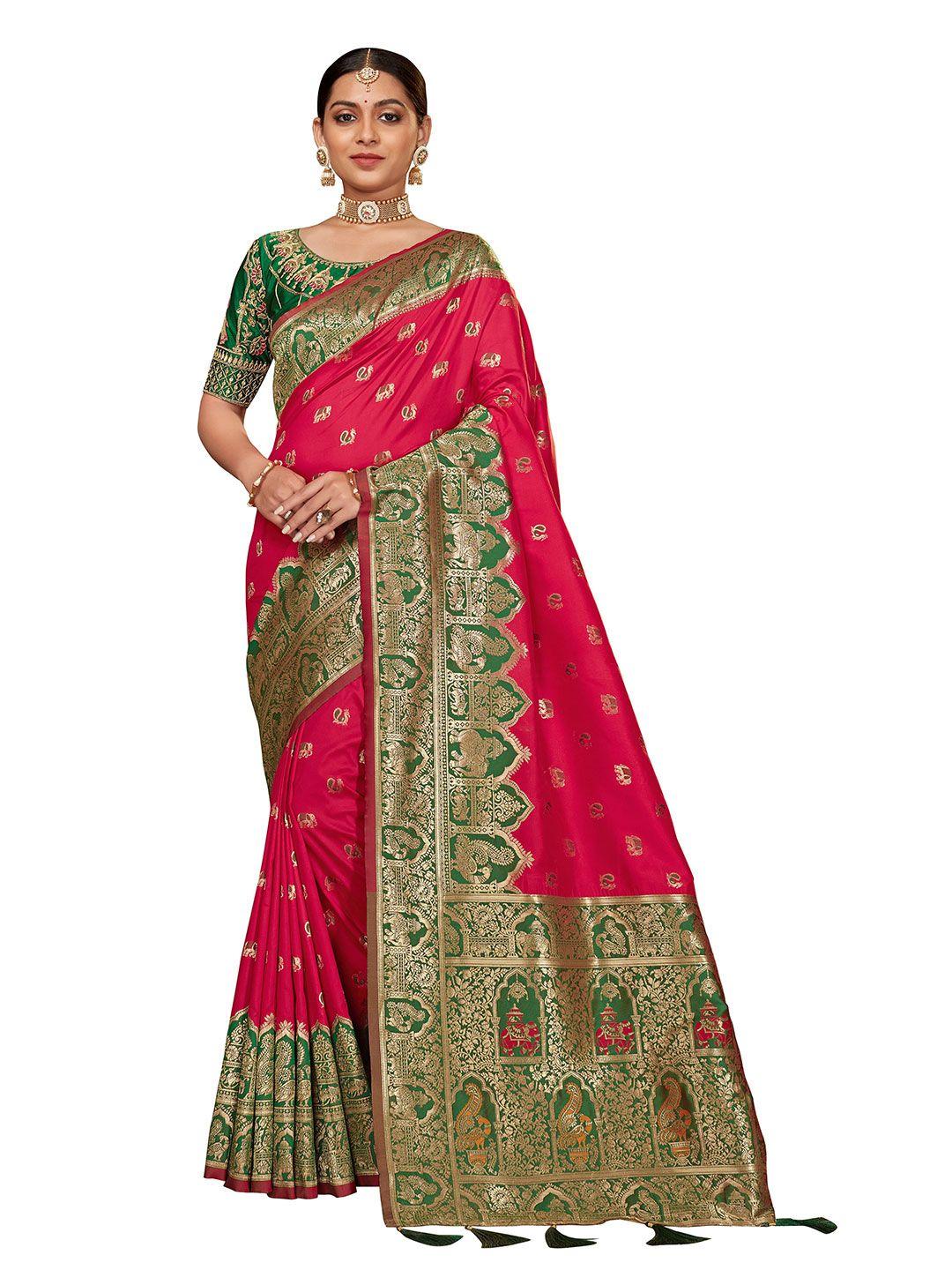 manohari pink & green woven design zari silk blend banarasi saree