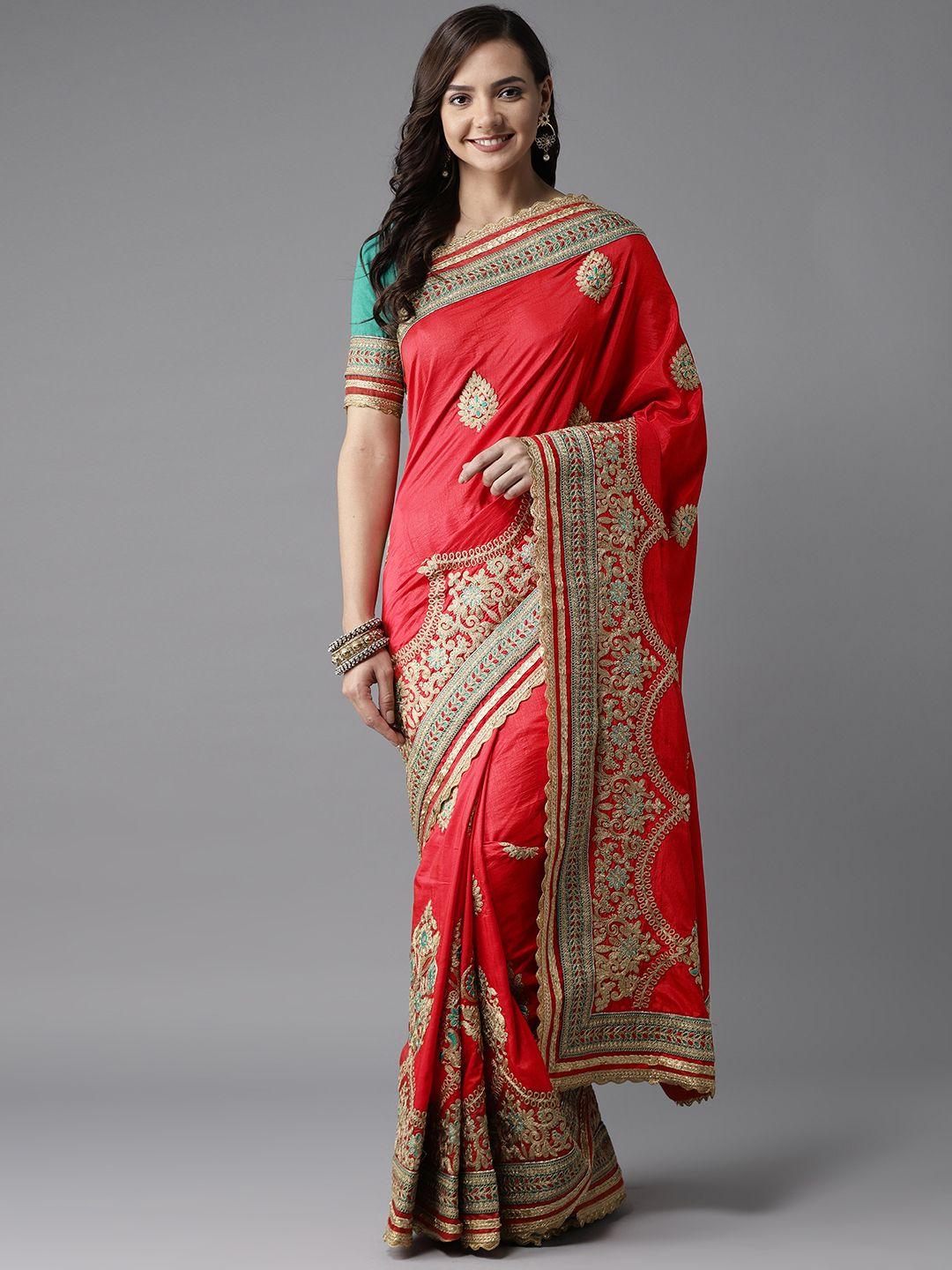 manohari red & golden embroidered saree