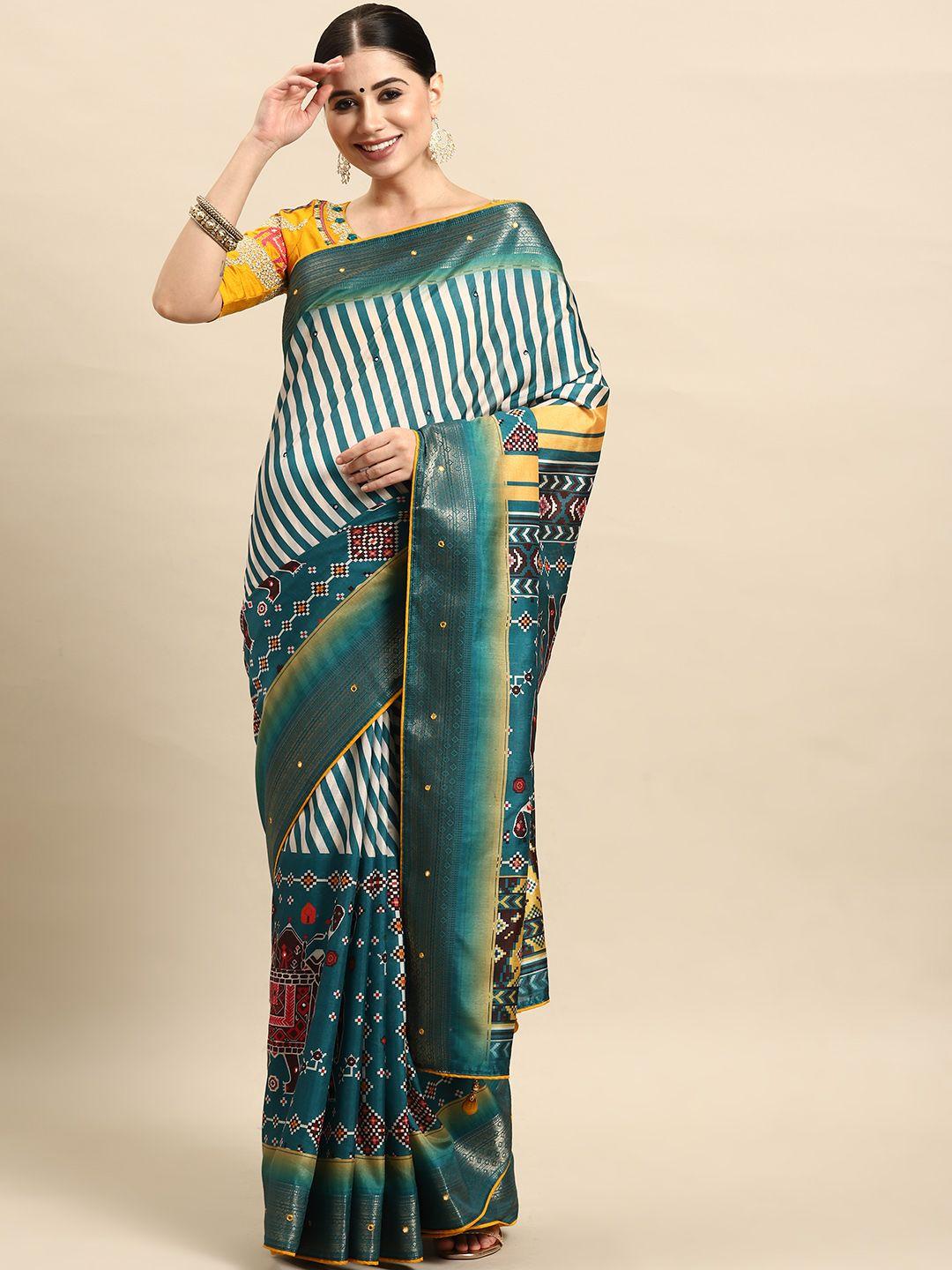 manohari striped & ethnic motifs printed mirror work detail art silk saree