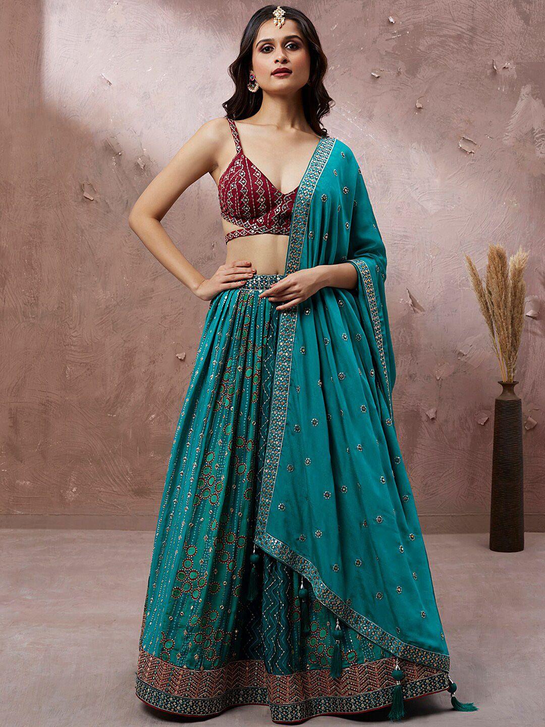 manohari teal & embroidered sequinned semi-stitched lehenga & unstitched blouse with dupatta